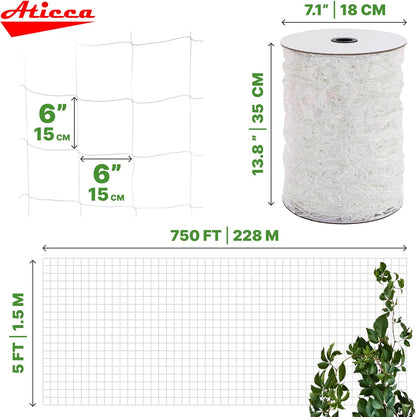 Trellis Netting 5 x 750 ft Heavy Duty Polyester Plant Support Netting White - 6 Inch Garden Rope