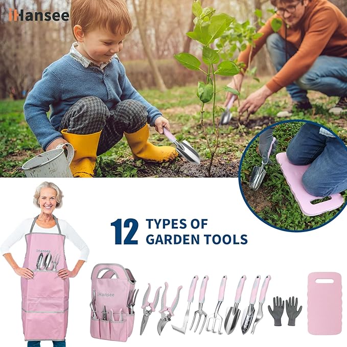 Pink Garden Tool Sets 12 Pieces, iHansee Aluminum Gardening Hand Tools with Non-Slip Handle