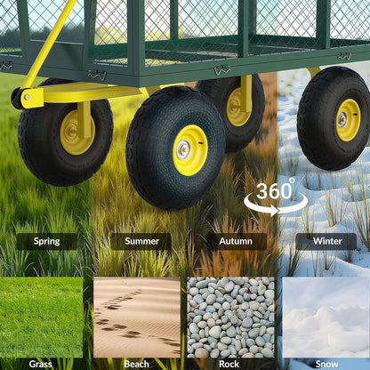Metal Wagon - 1400lbs Garden Cart with 10" Multi-Terrain Tires, 4 Removable Mesh Sides & 180°