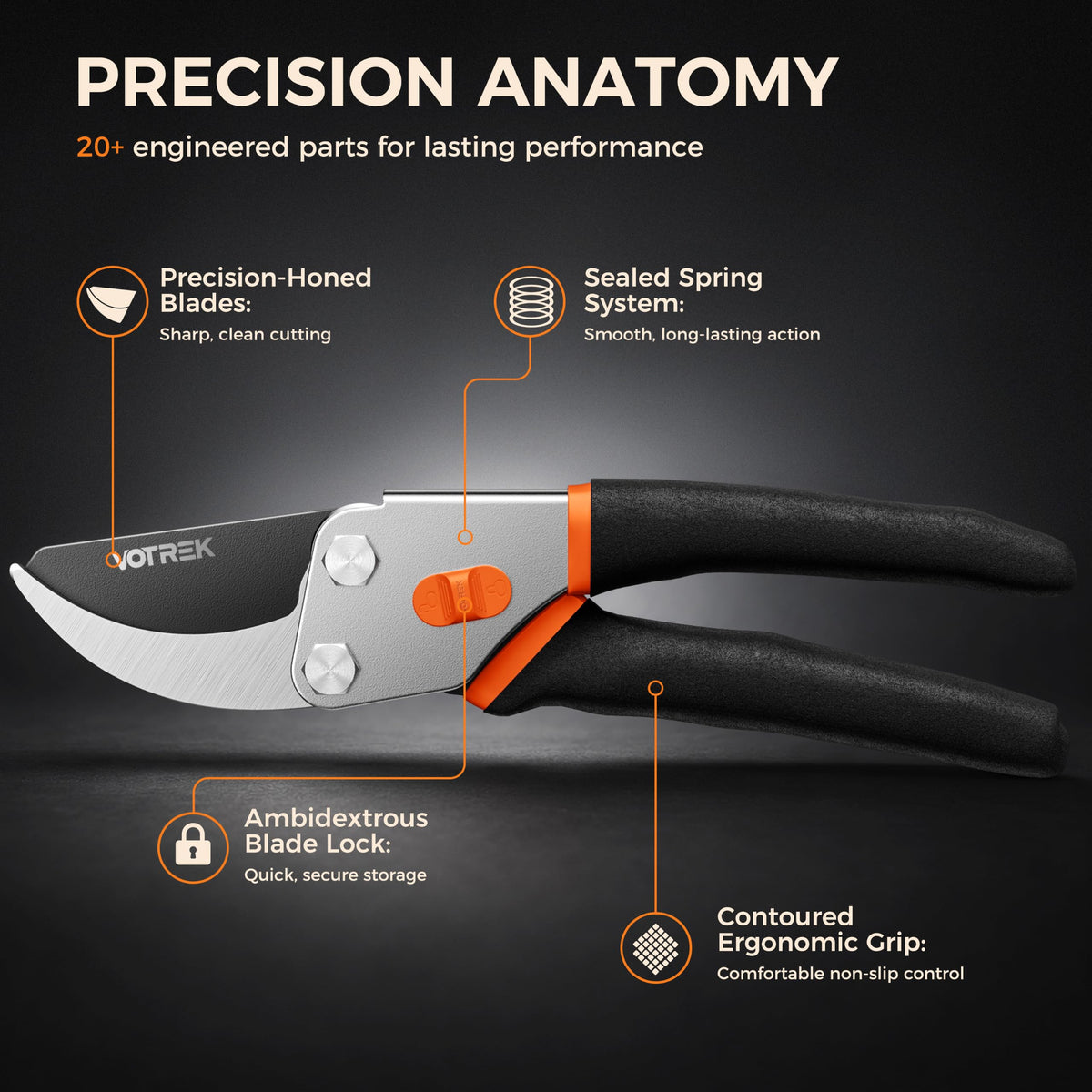 VOTREK® 8.5" Bypass Pruning Shears, Jam-Proof Spring Clippers for branches