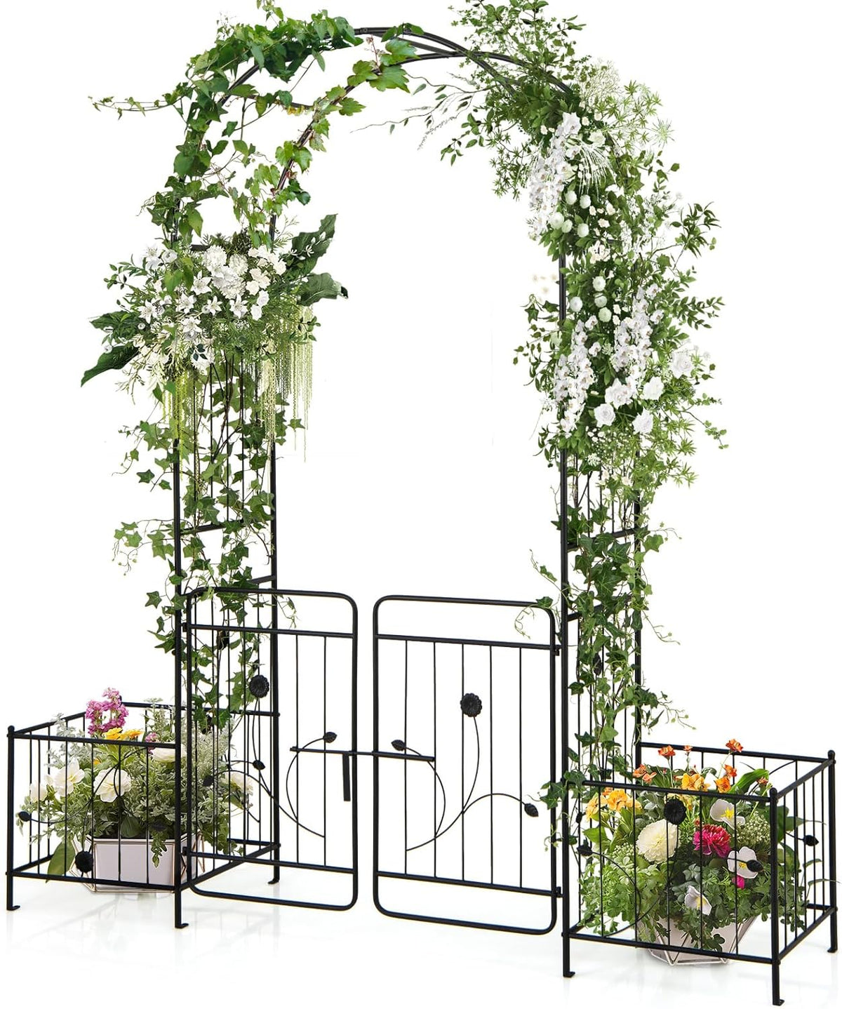 S AFSTAR 87-Inche Garden Arbor with Gate & Side Planter Box, Metal Garden Arch with Lockable Gate