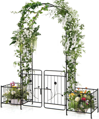 S AFSTAR 87-Inche Garden Arbor with Gate & Side Planter Box, Metal Garden Arch with Lockable Gate
