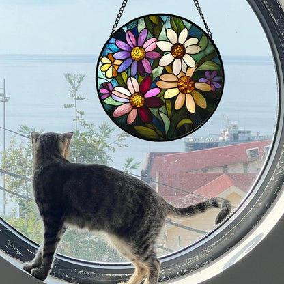 Stained Glass Window Hanging - Colorful Daisies Suncatcher for Door Garden Patio Retro Flower Sun