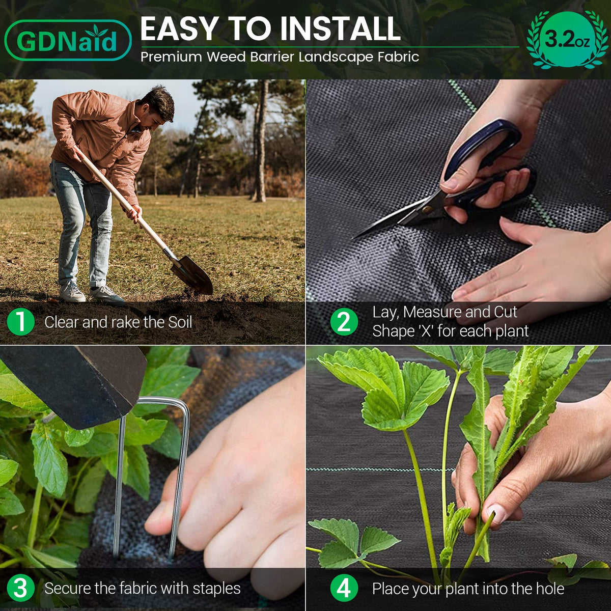 GDNaid 4ftx100ft Weed Barrier Landscape Fabric Heavy Duty, 3.2oz Weed Barrier Fabric, Easy Setup