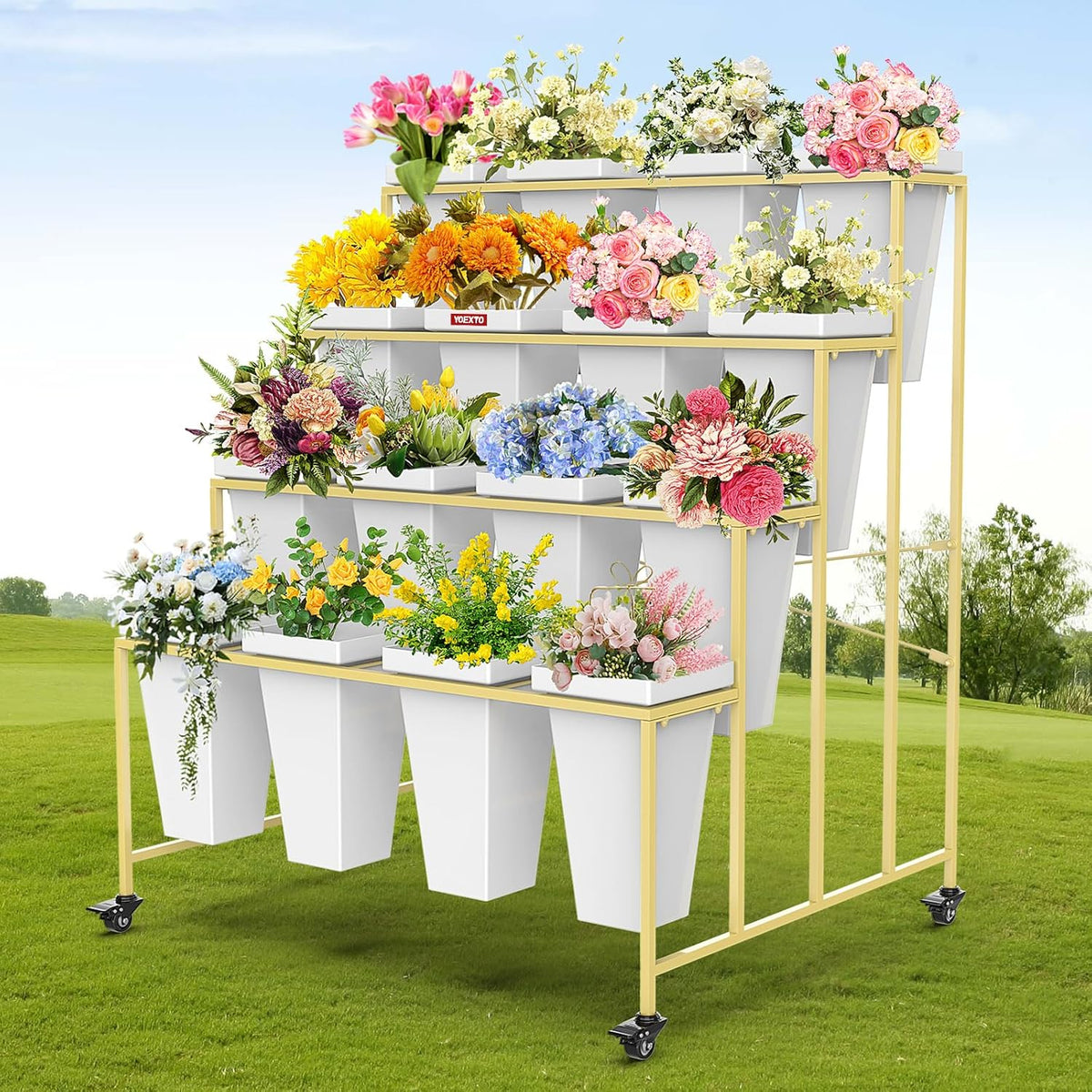 4 Layers Flower Display Stand with Buckets, 16 PCS Buckets Plant Stand with Wheels, Movable Metal