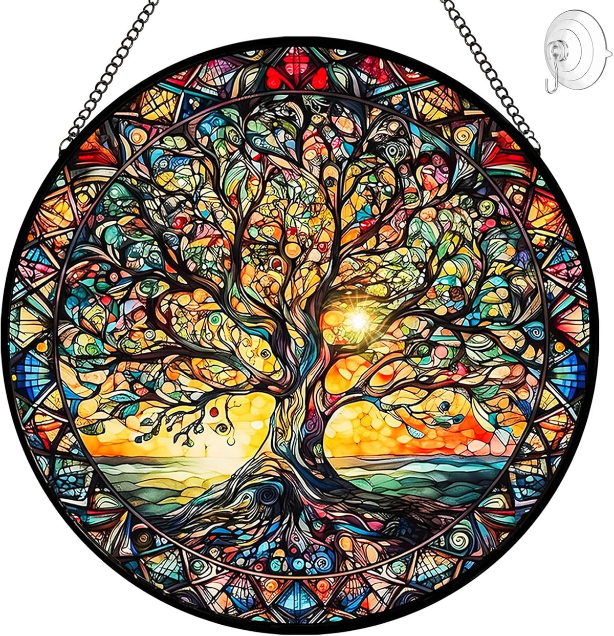 Tree of Life Suncatcher Stained Glass Window Hanging - 8″ Handmade Sun Catchers Indoor Window
