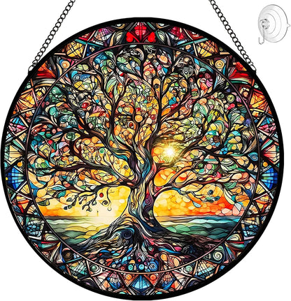 Tree of Life Suncatcher Stained Glass Window Hanging - 8″ Handmade Sun Catchers Indoor Window
