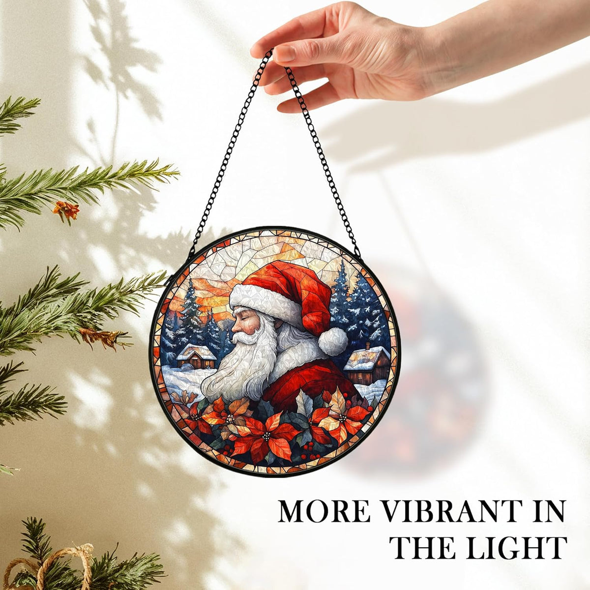 Christmas Santa Suncatcher Stained Glass Window Hanging Decor, Farmhouse Winter Xmas Santa Stained