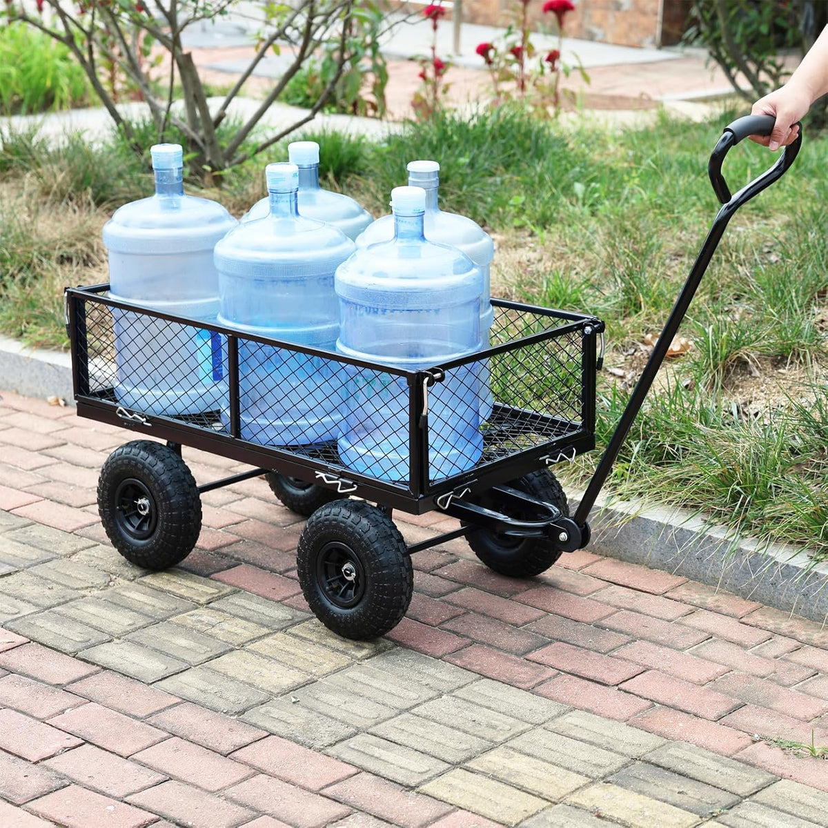 Wagon With Removable Sides for Farms, Warehouses - Garden Dump Cart With Air Wheels (Black)