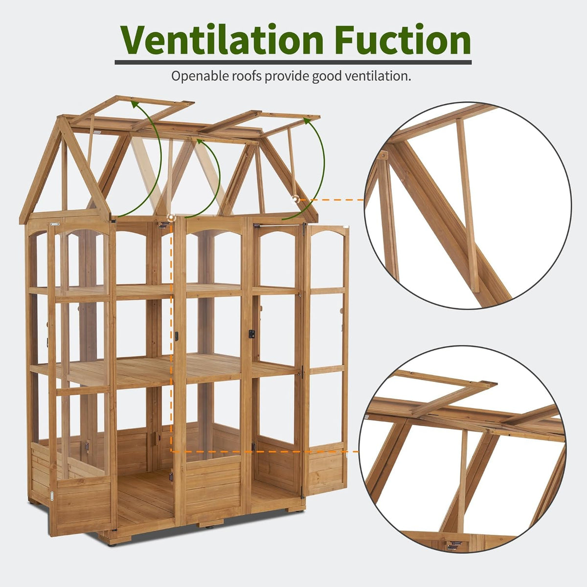 MCombo Wooden Greenhouse, Outdoor Greenhouse with Adjustable Roof Vent and 6 Lockable Door for