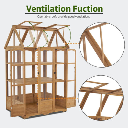 MCombo Wooden Greenhouse, Outdoor Greenhouse with Adjustable Roof Vent and 6 Lockable Door for