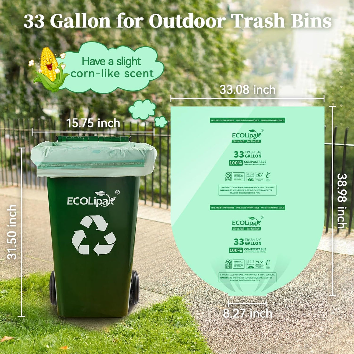 ECOLipak 33 Gallon Compostable Trash Garbage Bags, 50 Count (2 Rolls) Biodegradable Heavy Duty