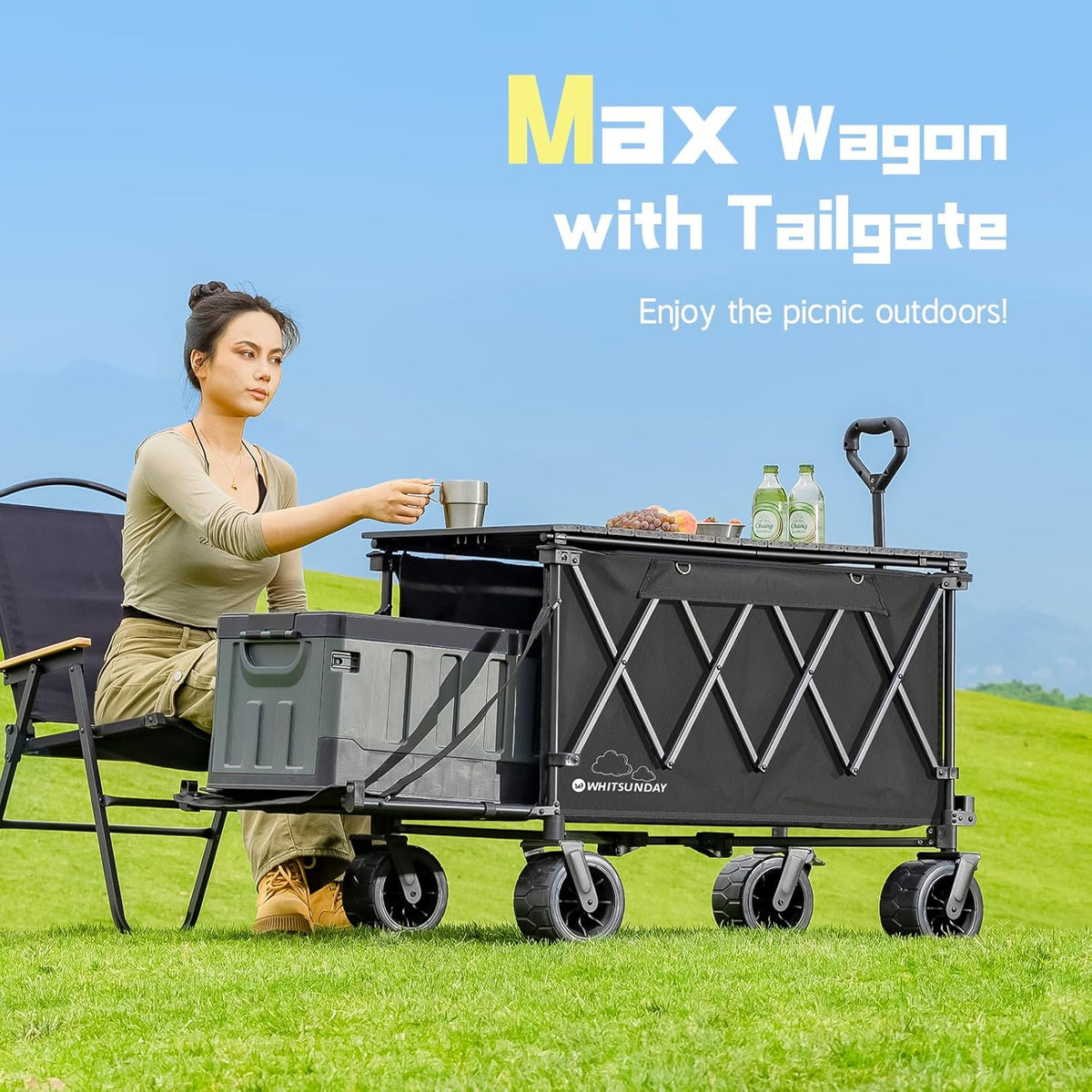 Whitsunday Collapsible Folding Wagon with Table, Heavy Duty Utility Beach Wagons with Opened