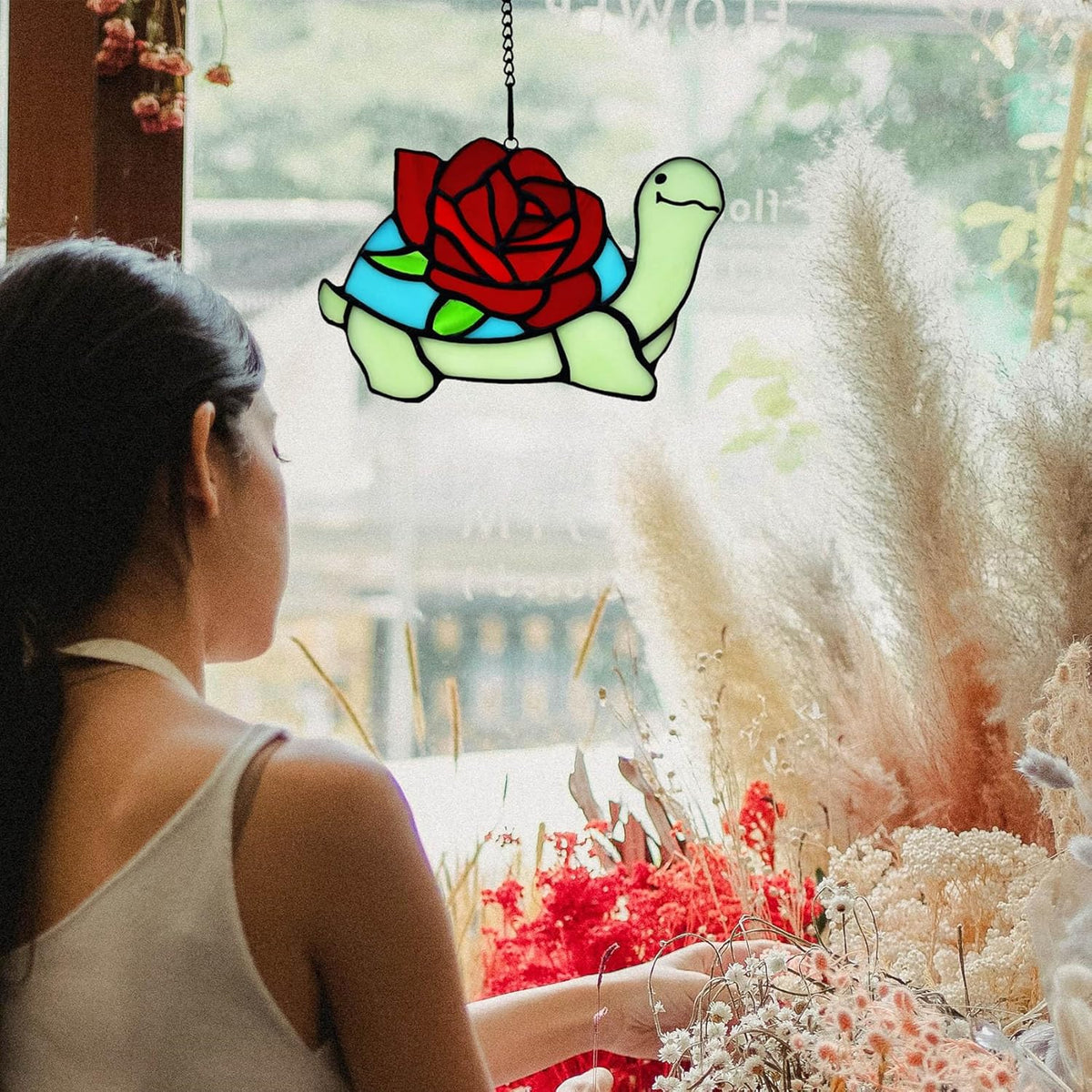 Stained Glass Turtle with Rose Birthday Gifts for Women, Stained Glass Window Hanging Suncatcher