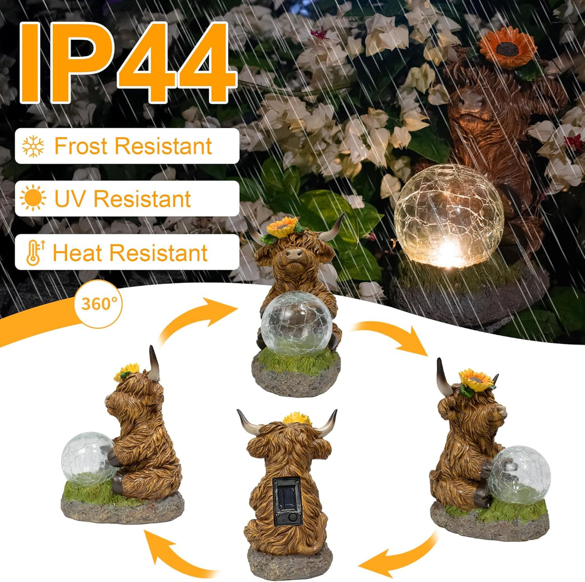 Highland Cow Outdoor Statue with Solar Transparent Ball for Garden Outside Yard Lawn Decor Highland