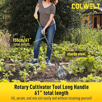 Colwelt Rotary Cultivator Garden Tool 61’’, Hand Tiller Garden Tool with Detachable Aluminum Tines