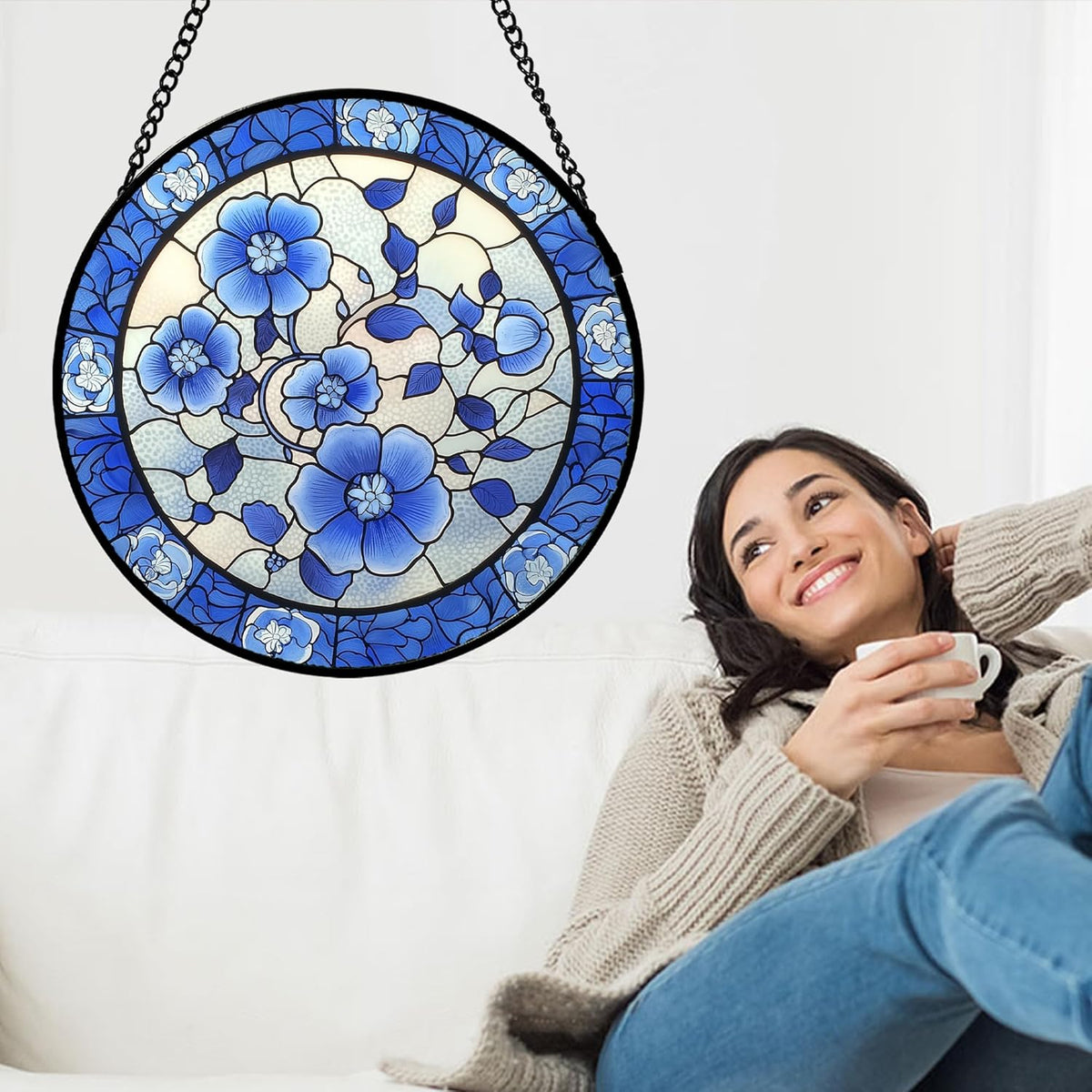 Stained Glass Window Hanging, Blue and White Plum Blossom Sun Catcher for Door Home Decor Flowers