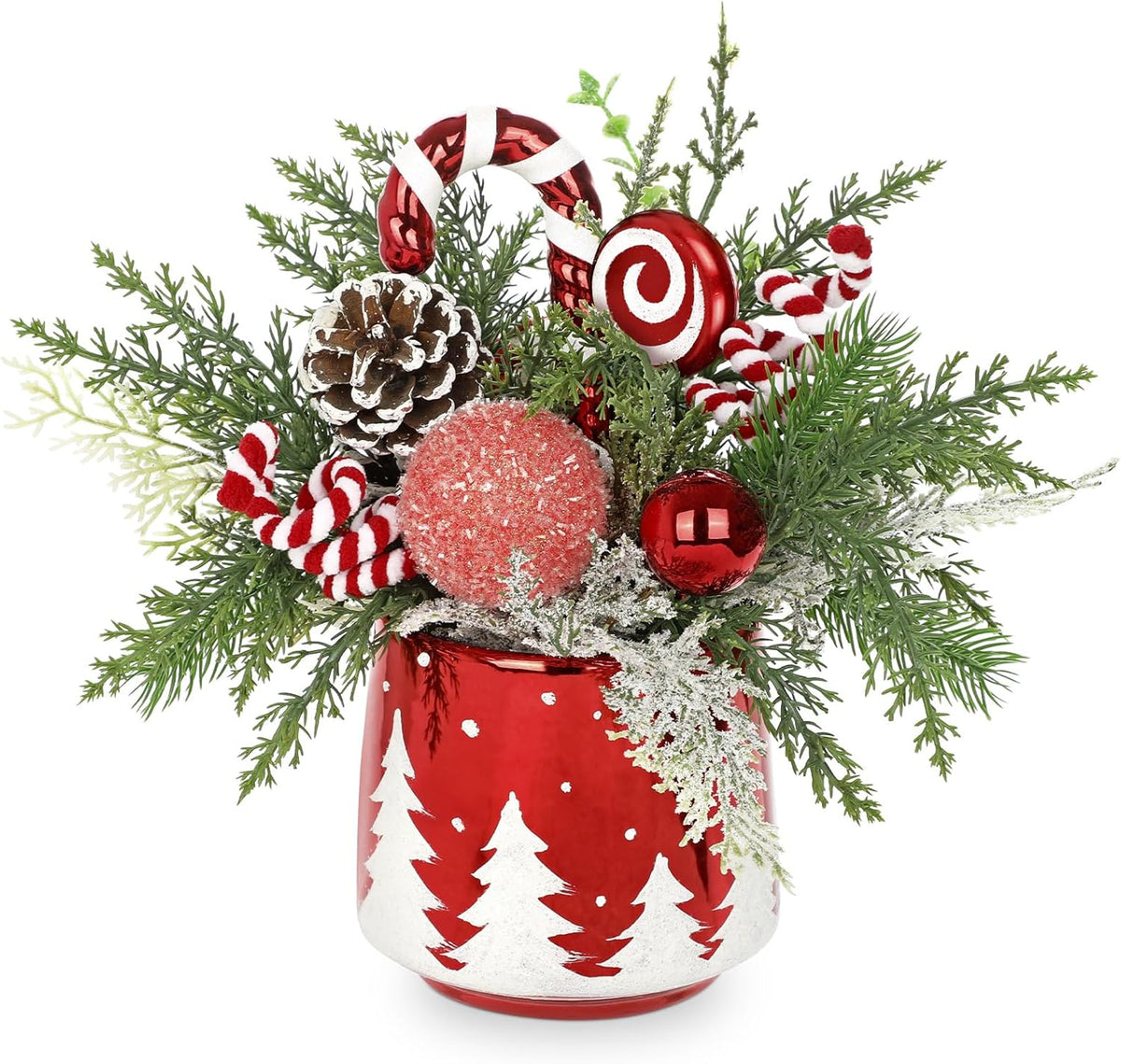 Christmas Centerpieces for Tables, Small Christmas Table Arrangements with Ceramic Vase Red & White