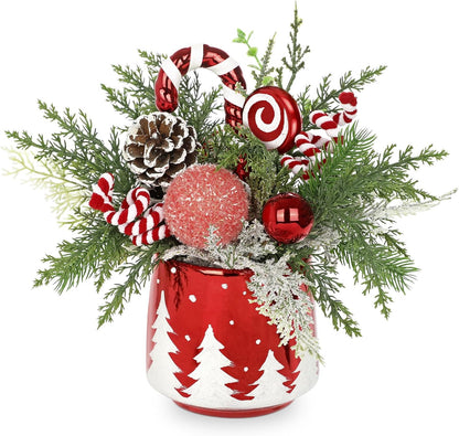 Christmas Centerpieces for Tables, Small Christmas Table Arrangements with Ceramic Vase Red & White