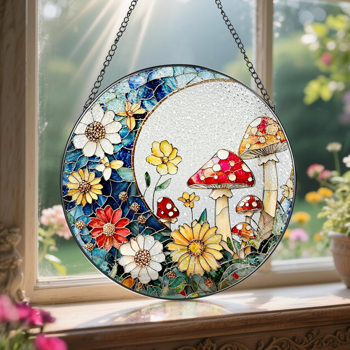 8 Inch Mushroom Suncatcher, Stained Glass Mushrooms Home Decor, Stained Glass Window Hanging, Plant