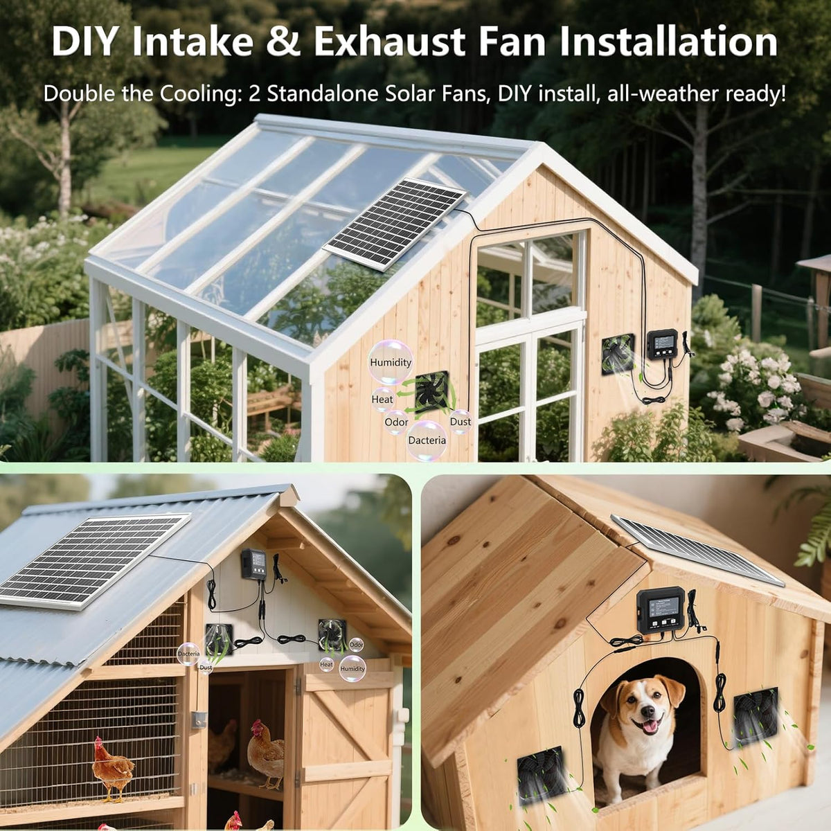 25W Solar Fan for Chicken Coop with Battery, Solar Exhaust Fan for Shed & Greenhouse, 3 Modes