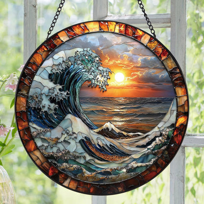 The Ocean Waves and The Sunrise Suncatcher -7.9 in Stained Glass Window Hanging Sun Catcher Garden