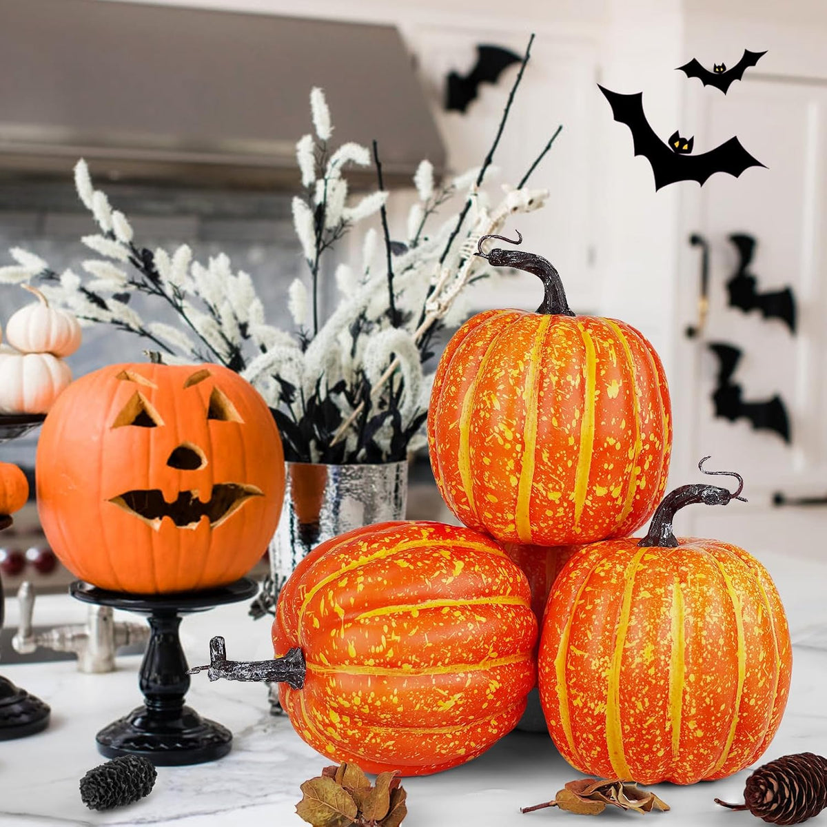 Artmag 6 Inch Large Artificial Pumpkins, 4PCS Big Orange Drawing Line Faux Foam Harvest Pumpkins