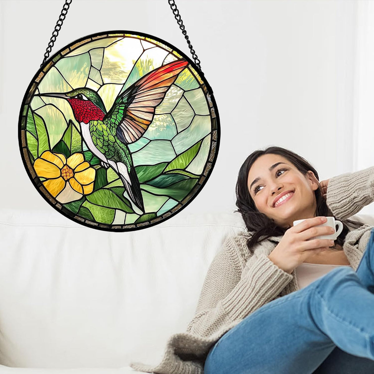 Stained Glass Window Hanging, Green Hummingbird Sun Catcher for Door Home Decor, Birds Suncatcher