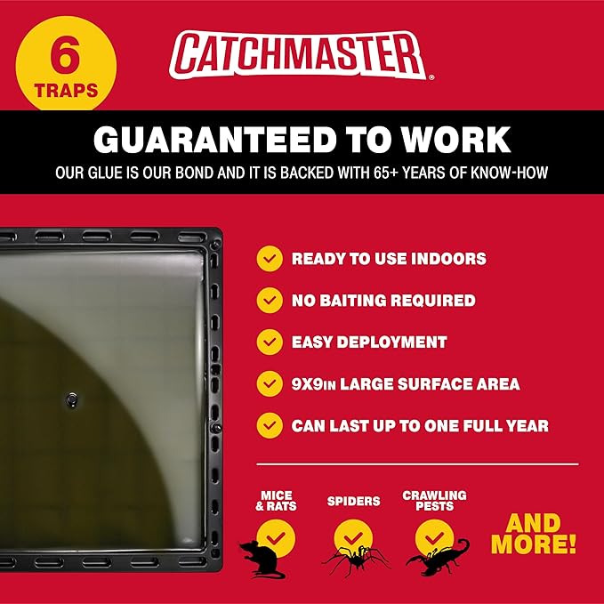 Catchmaster Jumbo Rat & Mouse Glue Traps 6Pk, Large Bulk Glue Board Rat & Mouse Traps Indoor for