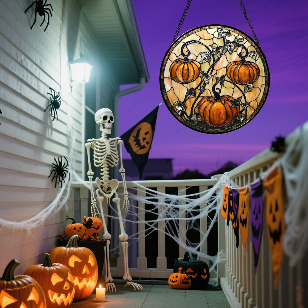 Stained Glass Window Hanging - Halloween Decoration Orange Pumpkin Vine Leaves Suncatcher for Door