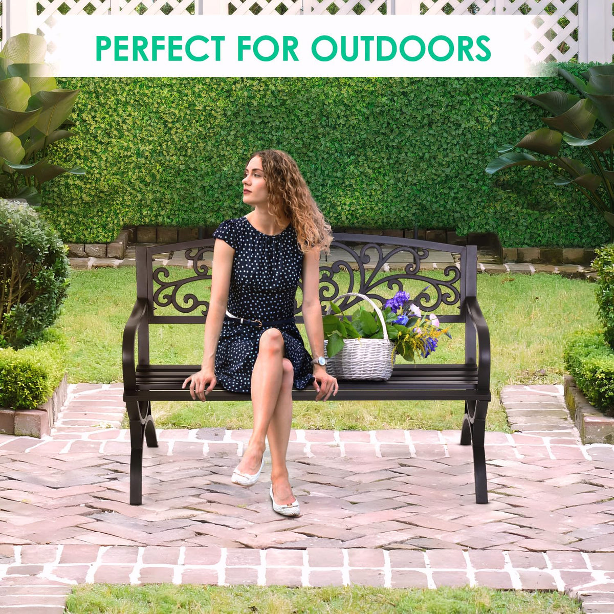 FDW | 50" Outdoor Garden Bench | Black | 485lbs Load Capacity