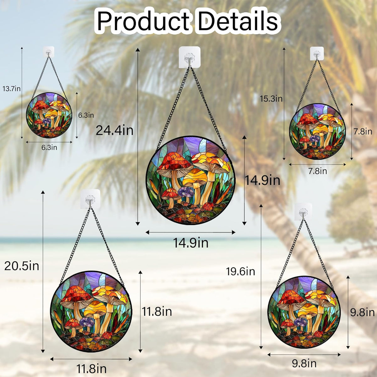 Stained Glass Window Hanging, Jungle Mushrooms Sun Catchers Diamond Glass Panel Hangings Plant