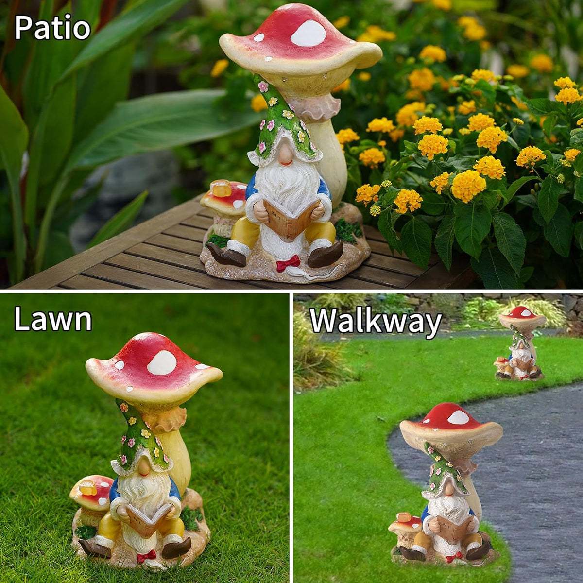 Solar Garden Outdoor Statues Gnome Reading Under Mushroom with 5 LED Solar Figurine for