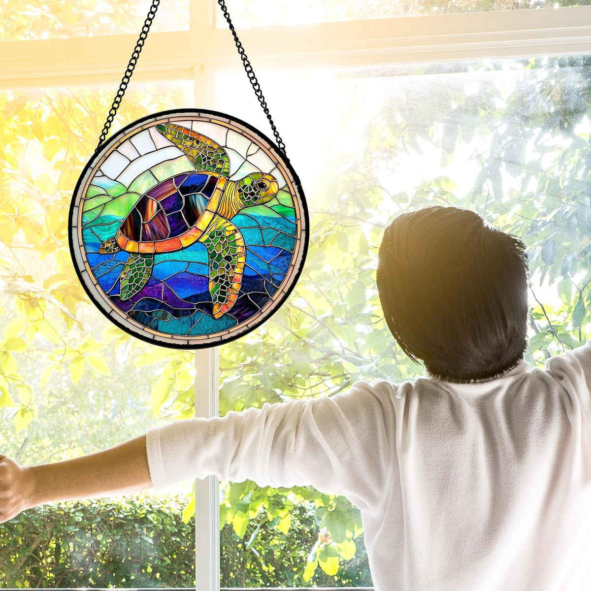 Stained Glass Window Hanging, Colored Turtle Ocean Suncatcher Diamond Glass Panel Hangings Marine