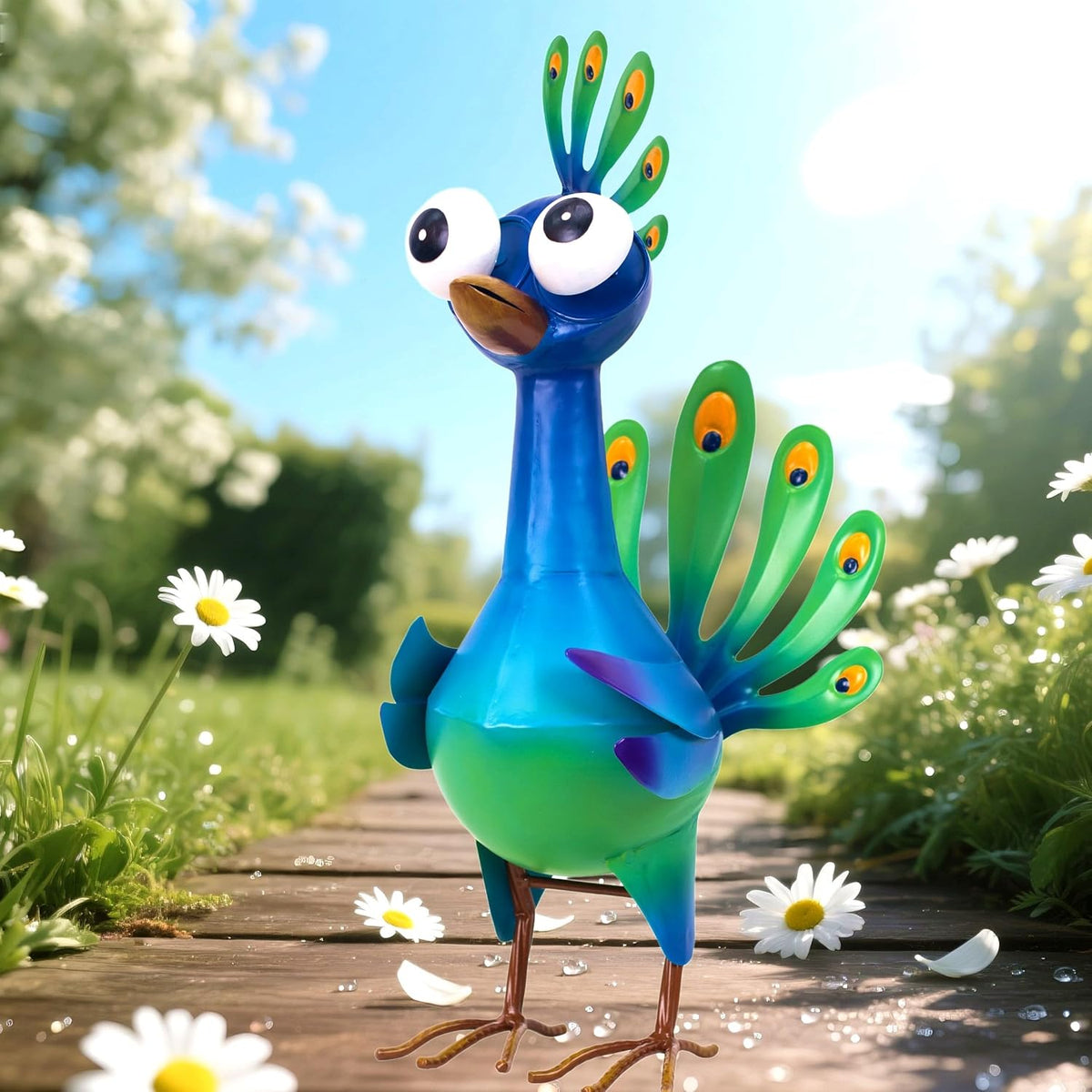 Metal Peacock Statue Garden Decor Cartoon Peacock with Bobbling Eyes Yard Art Lawn Patio Decoration