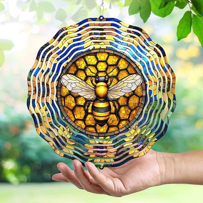 FLAGWIX Christmas Bee Wind Spinners Outdoor - 3D Stainless Steel Metal Wind Spinners 12 in - Bee