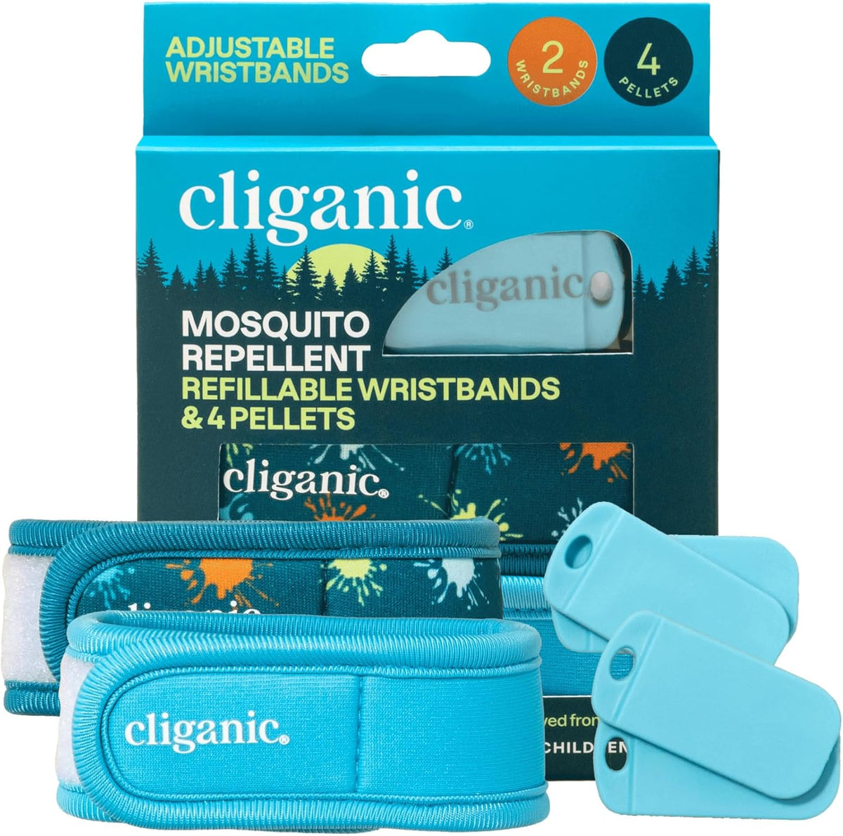 Cliganic Mosquito Repellent Pack (2 Wristbands + 4 Refill Pellets) - Adjustable, Natural DEET-Free