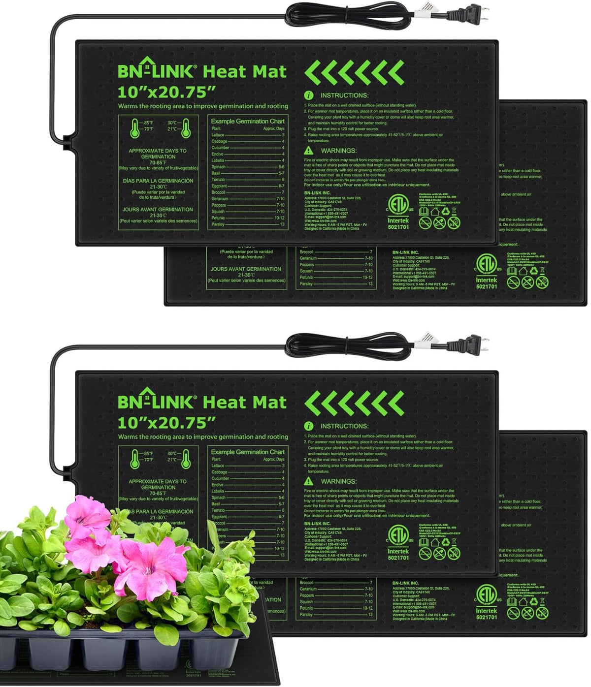 BN-LINK Durable Seedling Heat Mat for Seed Starting 10" x 20.75", 4 Pack Waterproof Warming Mat for