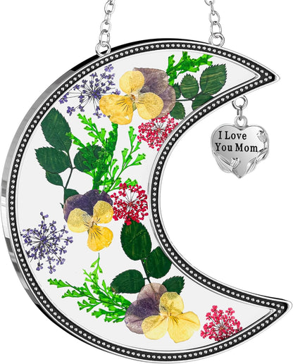 KY&BOSAM Moon Suncatcher Mom Gifts Stained Glass for Window Hangings Wind Chimes Decor with Pressed