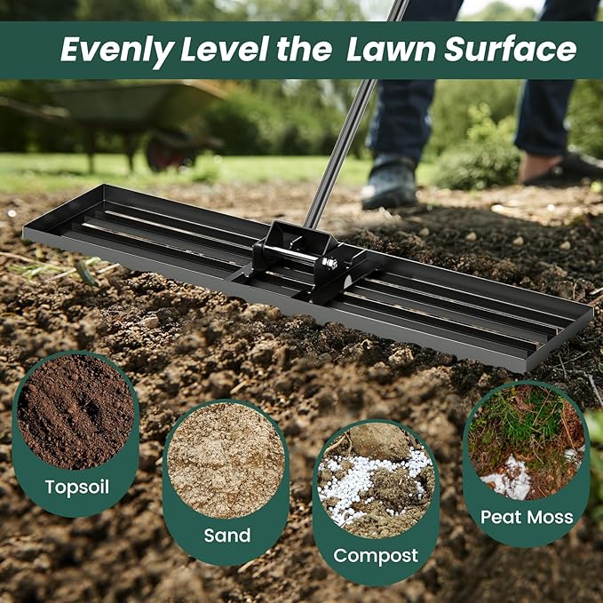 Goplus Lawn Leveling Rake, 42" x 10" Heavy Duty Level Lawn Tool w/ Ergonomic Handle for Soil