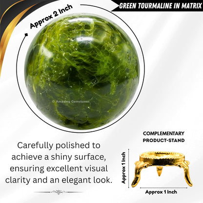 Amazing Gemstone Green Tourmaline in Matrix Crystal Ball with Stand - 2 Inches Crystal Sphere