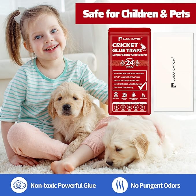 LULUCATCH Cricket & Insect Glue Traps 24 Pack, Adhesive Bug Catcher, Pre-Baited Spider Scorpion