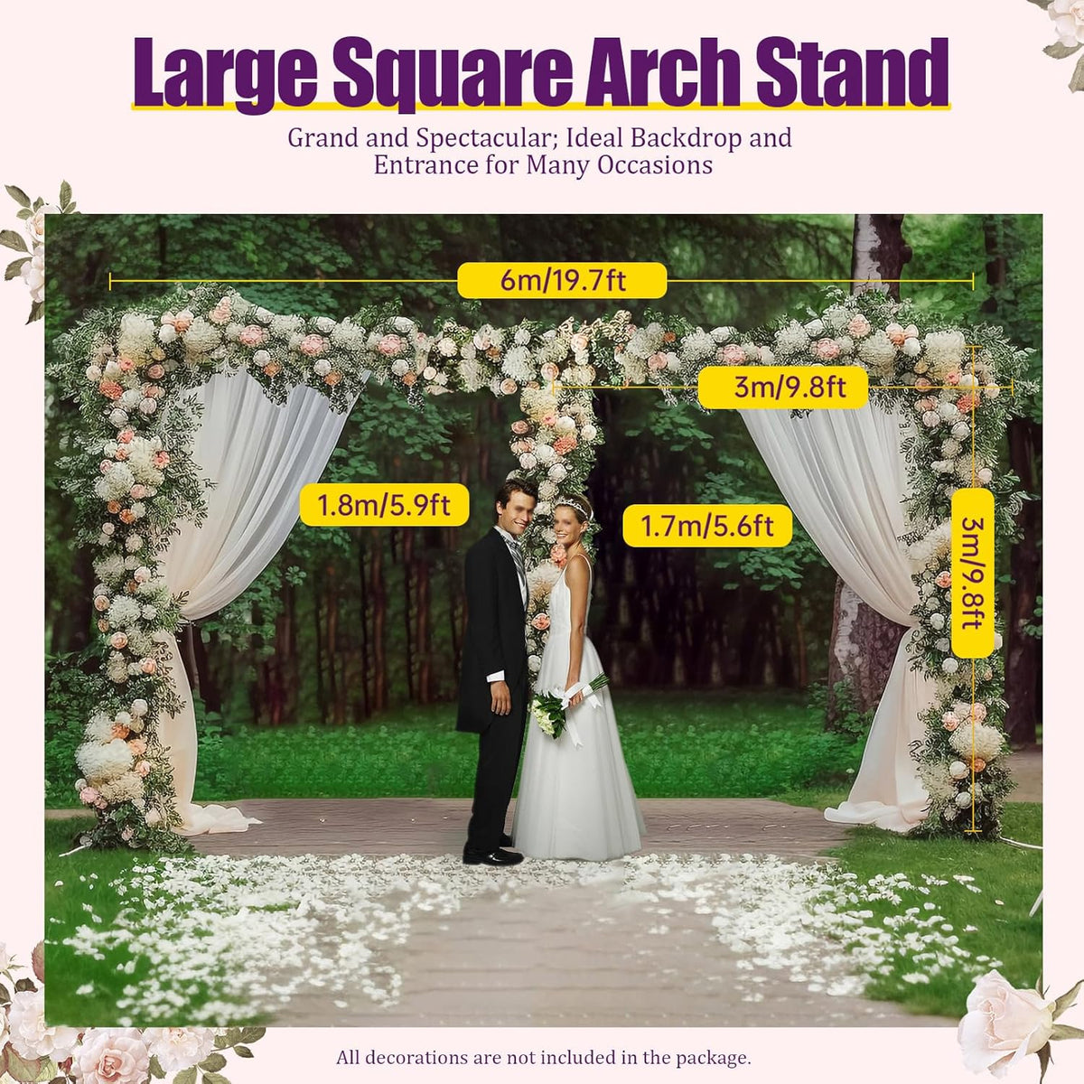 Wedding Arch Backdrop Stand, 19.7 x 9.8 FT Silver Wedding Arches Square Carbon Steel Balloon Arch