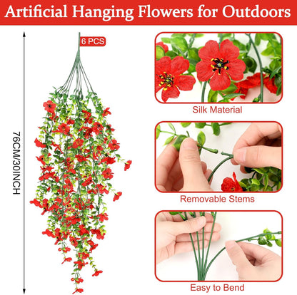 6 Pcs Artificial Fall Hanging Flowers Outdoor Silk Mum Plants Autumn Decor Faux Violet with