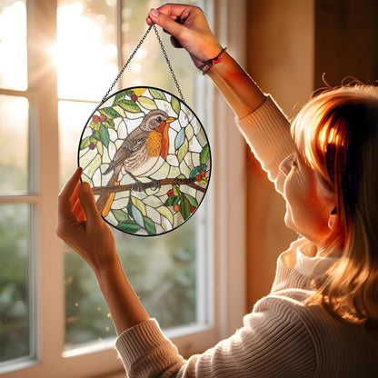 7.8" Robin Stained Glass Suncatcher, Bird for Window Hanging, Suncatcher Art Decor for Home Garden