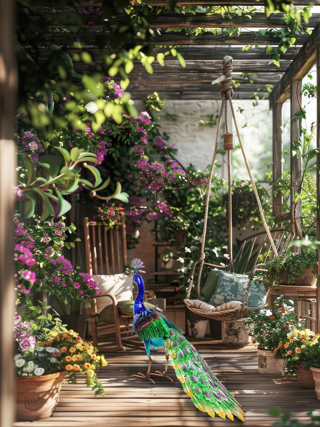 YEAHOME Garden Decor Outdoor Statues, 24.4" Large Metal Peacock Standing Yard Art, Blue Green Bird