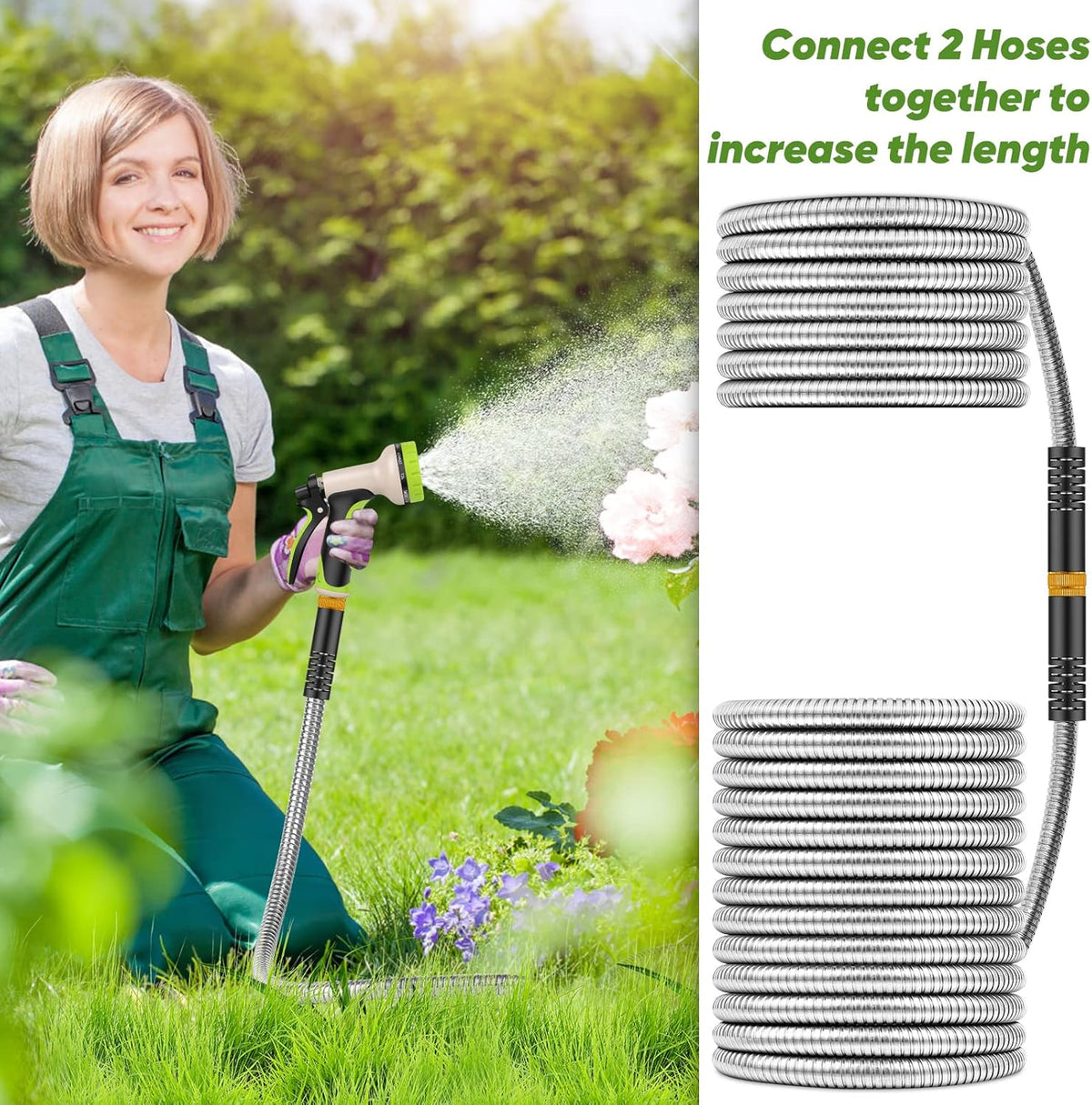 Garden Hose 75ft, Stainless Steel Heavy Duty Water Hose with 10 Function Nozzle Flexible