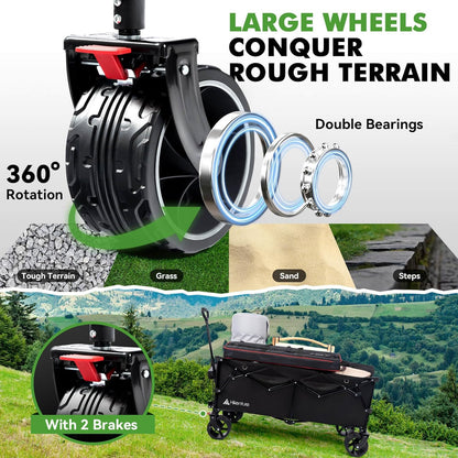Hikenture Extended Collapsible Wagon, 500 LBS Wagons Carts Foldable, Heavy Duty Beach Wagon with