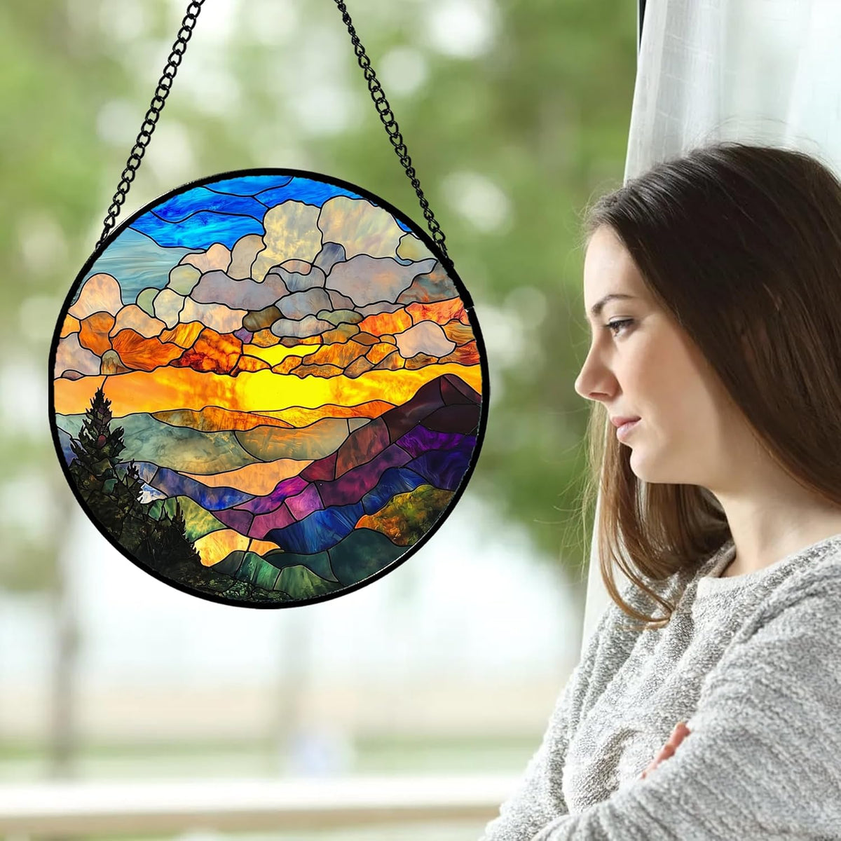 Stained Glass Window Hanging, Abstract Clouds Mountains Landscape Suncatcher for Doors Window Home