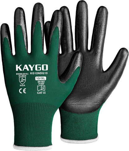 KAYGO Work Gloves Nitrile Coated, 12 Pairs KG12N，Seamless Knit, Protective Safety Work Gloves with